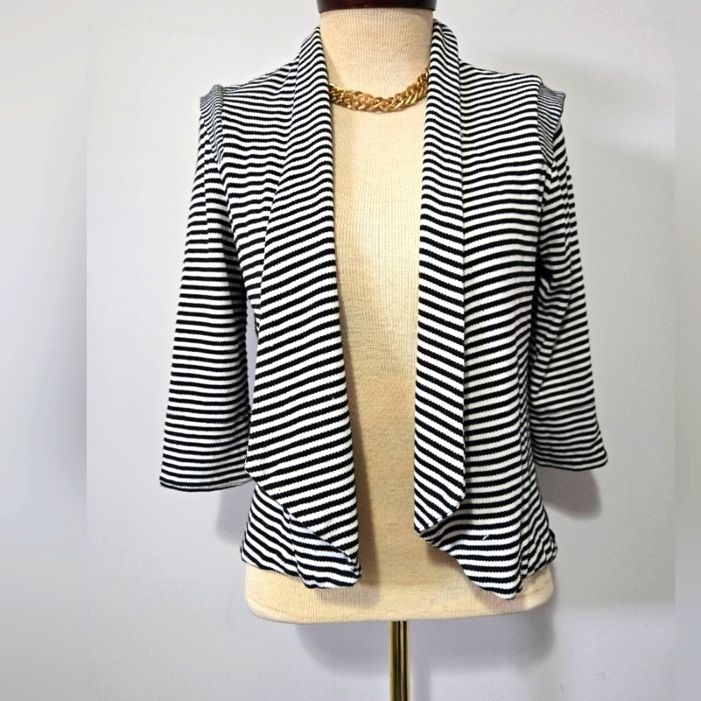MELISSA NEPTON black And White Striped Open Front Cardigan. Size Small